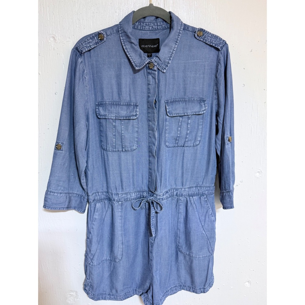Velvet Heart Romper Womens M Chambray Utility Coastal Boho Shortsuit Blue